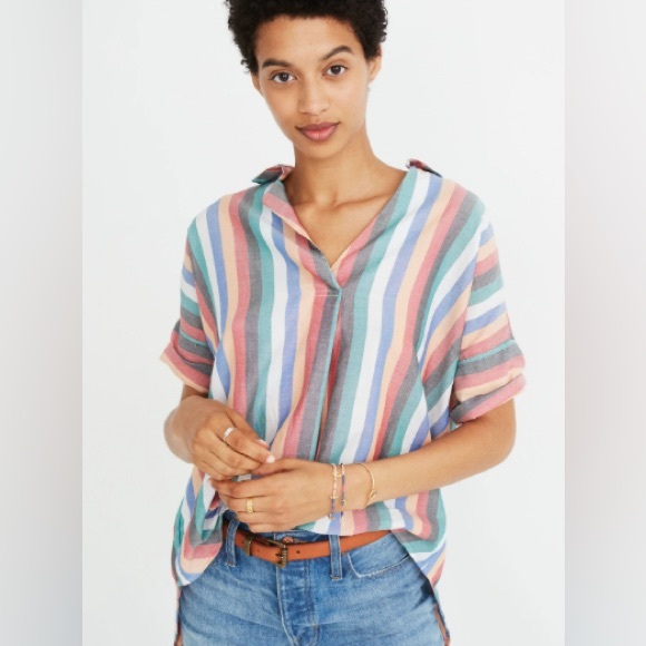 Madewell Courier button back Pullover top in festival multi color stripes Size M - Picture 1 of 11